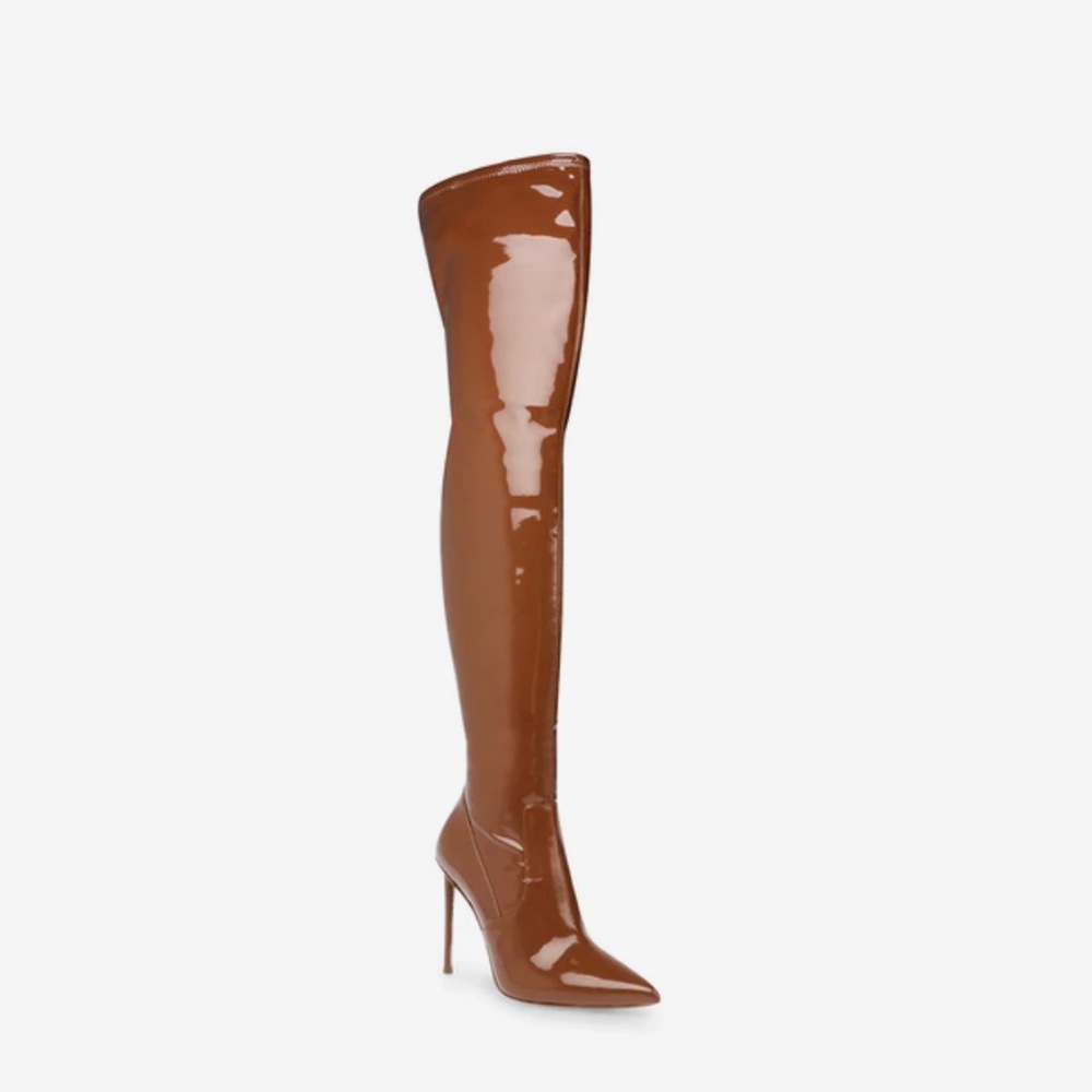 STEVE MADDEN VAVA COGNAC PATENT THIGH HIGH BOOTS